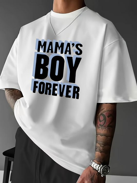 Men's Graphic T-Shirt Mamas Boy Forever Bold Black Lettering On White Cotton T Shirt