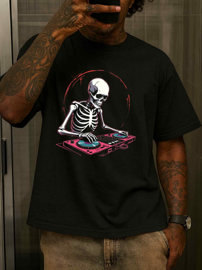 Men's Graphic T-Shirt Colorful Neon Lights Surrounding Dancing DJ Skeleton