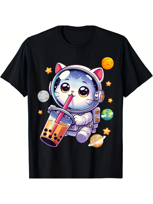 Men's Graphic T-Shirt Floating Planets With Cute Astronaut Cat Drinking Colorful Bubble Tea