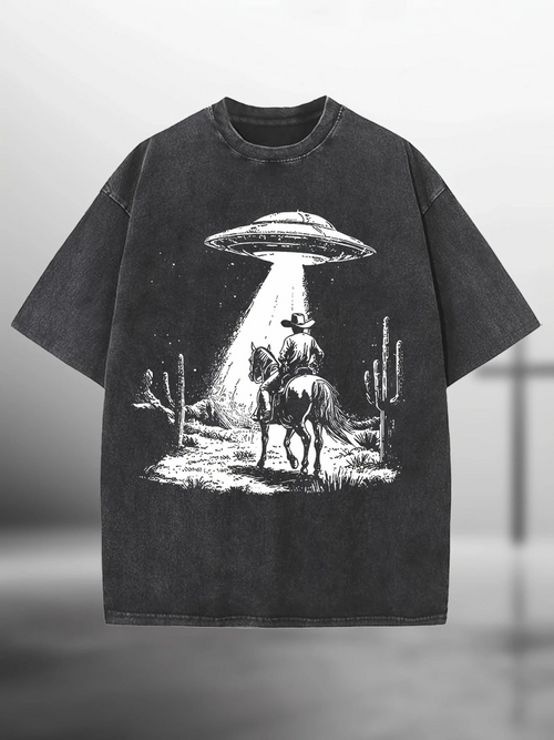 Men's Graphic T-Shirt Desert Scene With Cactus And Shining Light Over UFO Cowboy