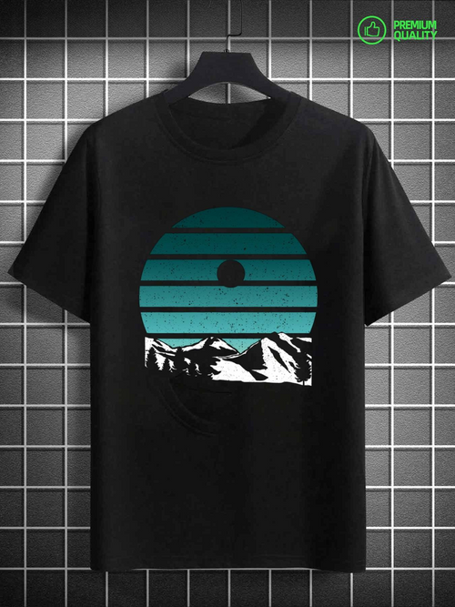 Men's Graphic T-Shirt Turquoise Striped Sunset Over Snowcapped Mountain Landscape