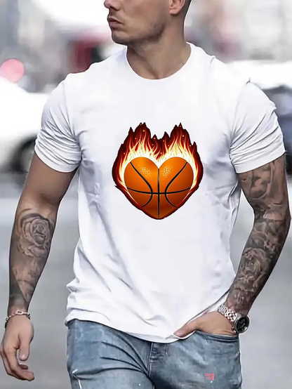 Men's Graphic T-Shirt Blazing Heart Shaped Basketball With Fiery Flames And Bold Contrast
