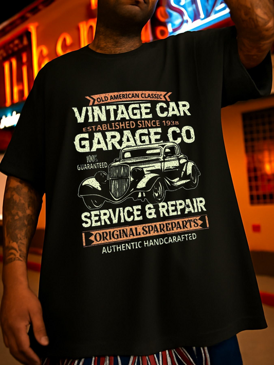 Men's Graphic T-Shirt Vintage Style Text And Classic Retro Car Print Under Neon Lights
