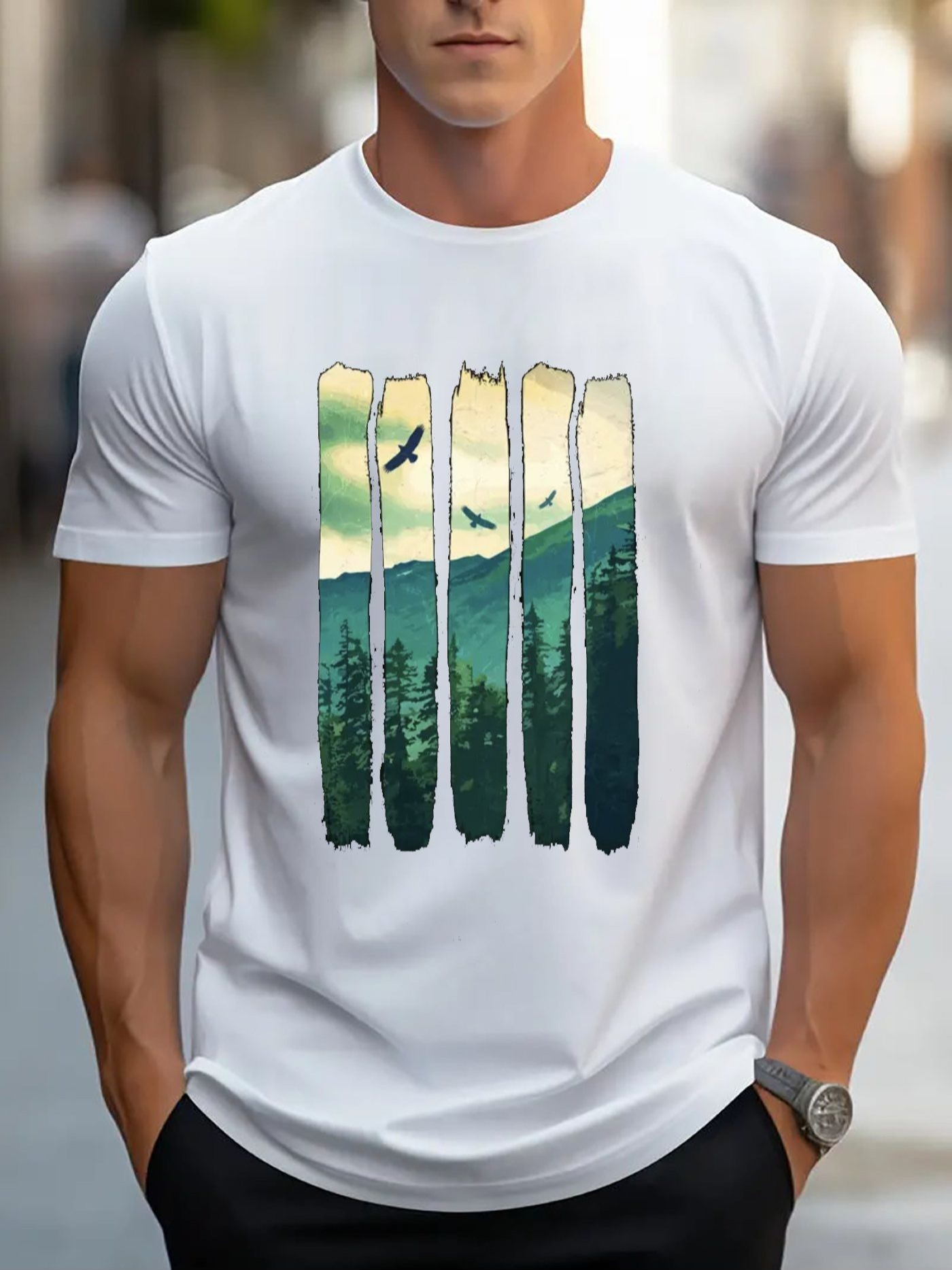 Men's Graphic T-Shirt Soaring Birds Across Mountain Landscape With Fading Sunlight Forest