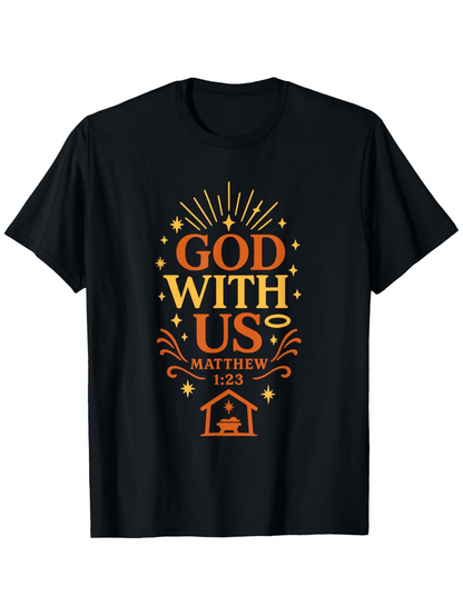 Men's Graphic T-Shirt God With Us Glowing Sunburst Decorative Sparks And Nativity Scene