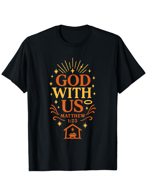 Men's Graphic T-Shirt God With Us Glowing Sunburst Decorative Sparks And Nativity Scene
