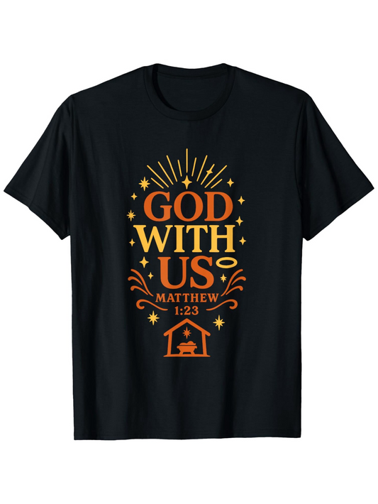 Men's Graphic T-Shirt God With Us Glowing Sunburst Decorative Sparks And Nativity Scene