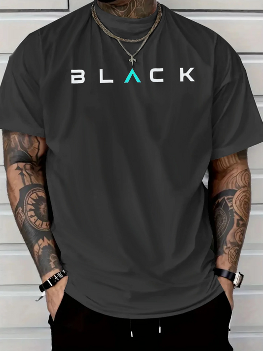 Men's Graphic T-Shirt Lettering Design With Simple Geometric Accent Front Black Shirt