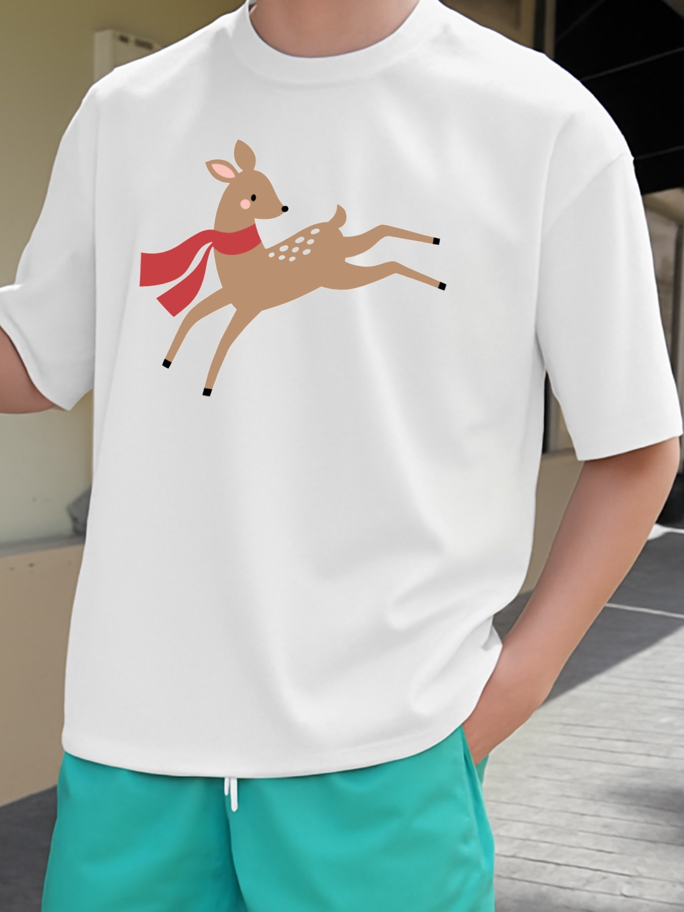 Men's Graphic T-Shirt Festive Brown Fawn With Red Scarf Leaping Graceful Winter Deer