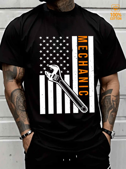 Men's Graphic T-Shirt Mechanic With American Flag Stars And Bold Metallic Wrench
