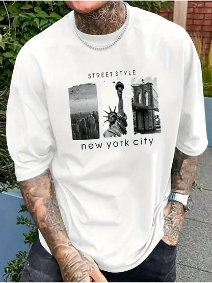 Men's Graphic T-Shirt Street Style Urban Photography With Statue Of Liberty And Historic City Building