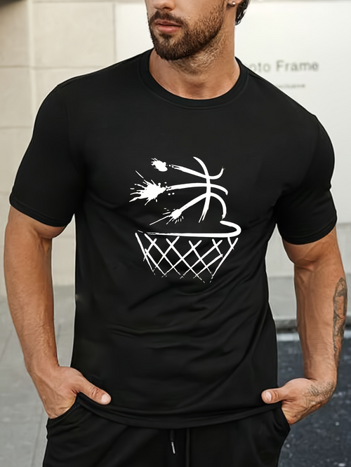 Men's Graphic T-Shirt Energy Burst Graphic With Exploding Lines And Dynamic Basketball Net