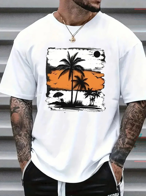 Men's Graphic T-Shirt Golden Sunset Silhouetted Palms With Black Sun Painted Landscape Palm Tree