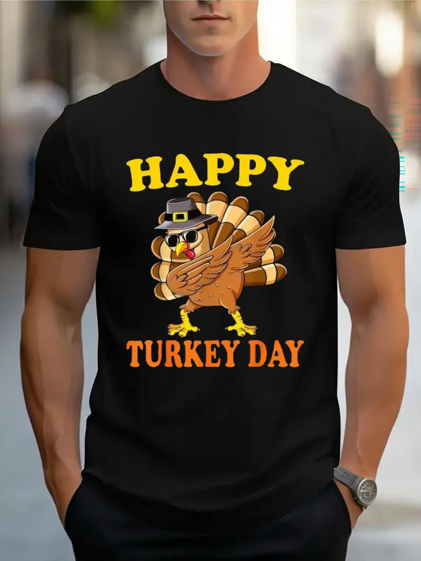 Men's Graphic T-Shirt Happy Turkey Day With Cartoon Hat Wearing Pilgrim Turkey