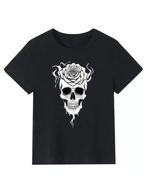 Men's Graphic T-Shirt Floating Smoke With Leafy Rose Blooming From Skull