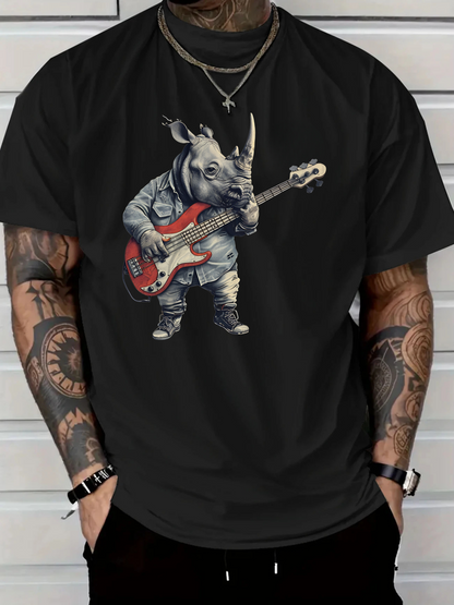 Men's Graphic T-Shirt Rhino In Denim Playing Electric Guitar Among Urban Street Vibes