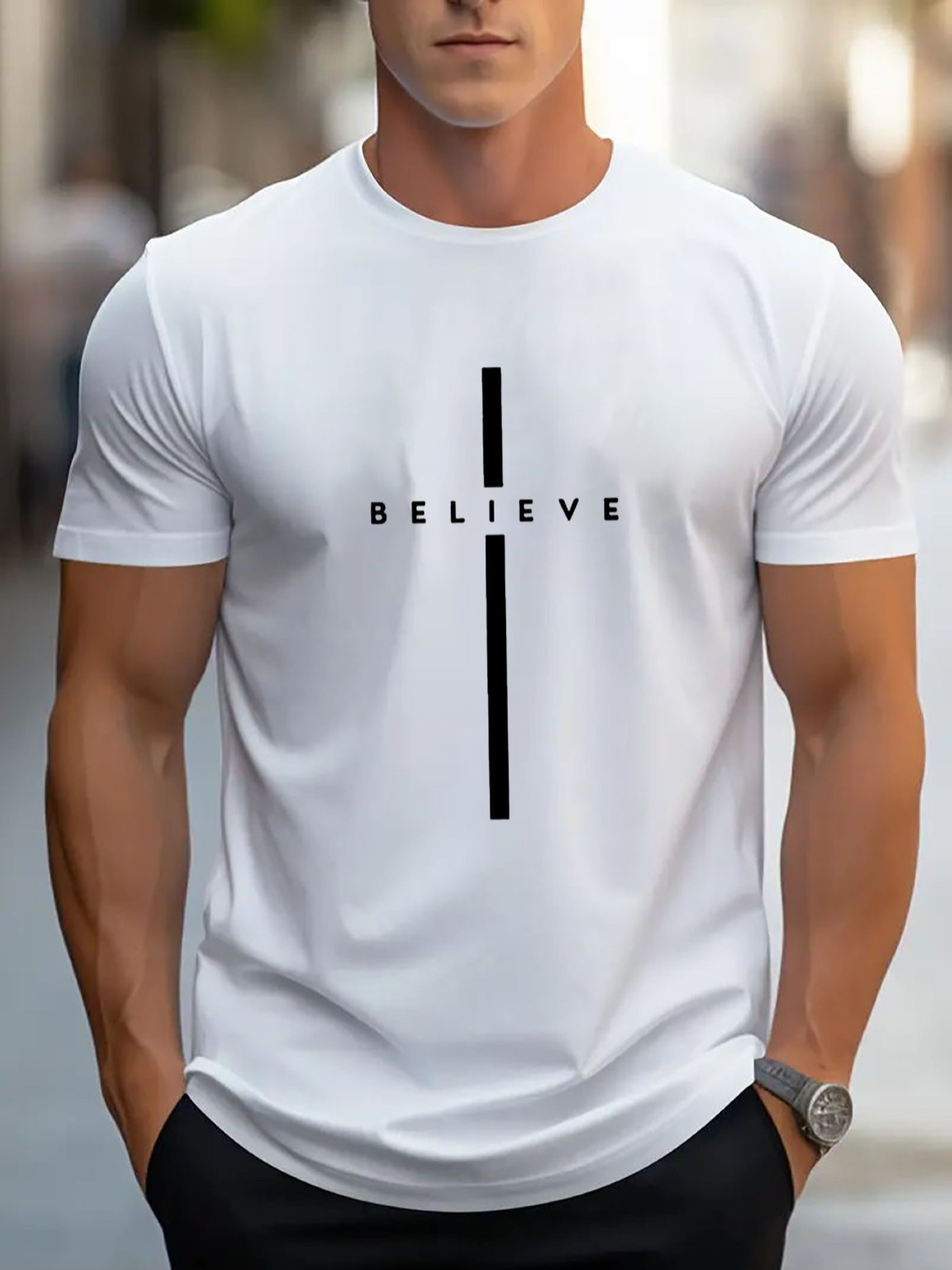 Men's Graphic T-Shirt Believe Clean White With Minimal Bold Graphic Cross