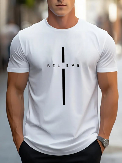 Men's Graphic T-Shirt Believe Clean White With Minimal Bold Graphic Cross