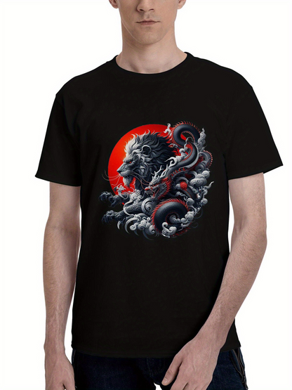 Men's Graphic T-Shirt Raging Storm Clouds With Fierce Lion And Fiery Red Background Lion