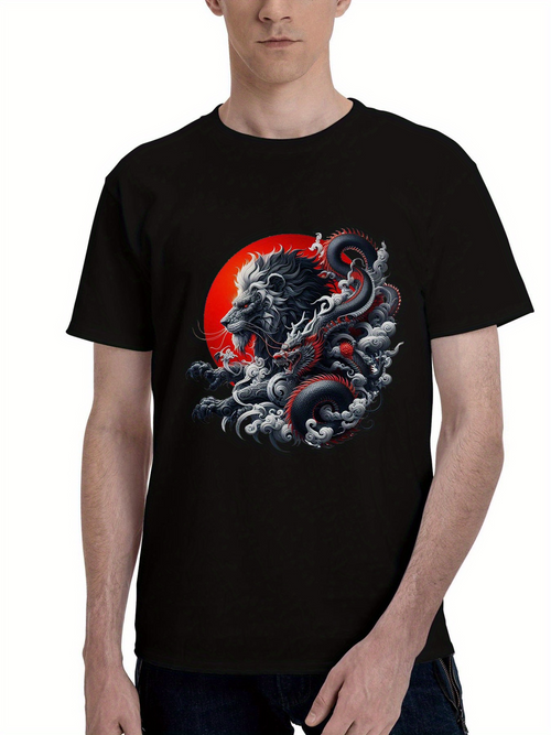 Men's Graphic T-Shirt Raging Storm Clouds With Fierce Lion And Fiery Red Background Lion