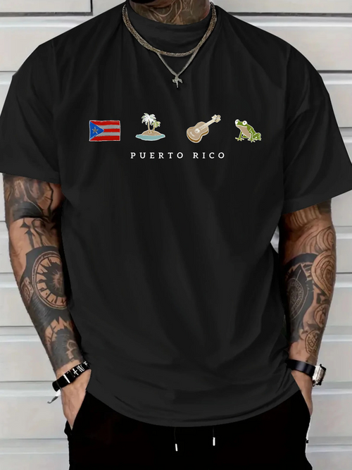 Men's Graphic T-Shirt Puerto Rico With Tropical Flowers Guitar And Frog Under Flag