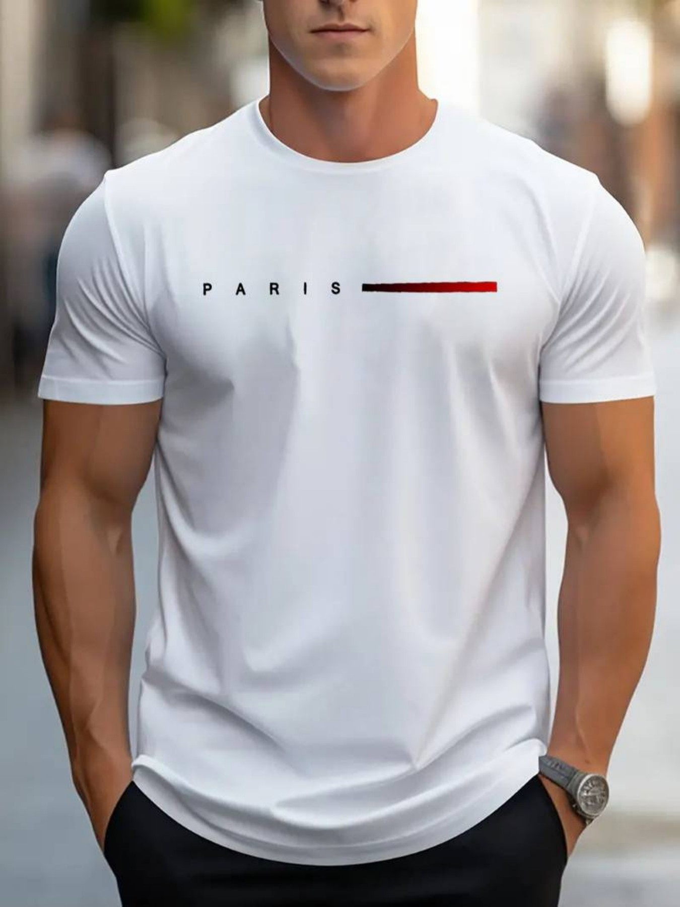 Men's Graphic T-Shirt Paris Minimalist Modern Typography With Horizontal Red And Black Line