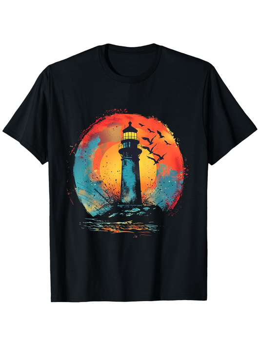 Men's Graphic T-Shirt Sunset Sky With Birds Flying Over Ocean Lighthouse