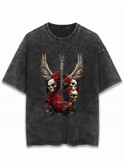 Men's Graphic T-Shirt Roses And Skull With Wings Centered Guitar
