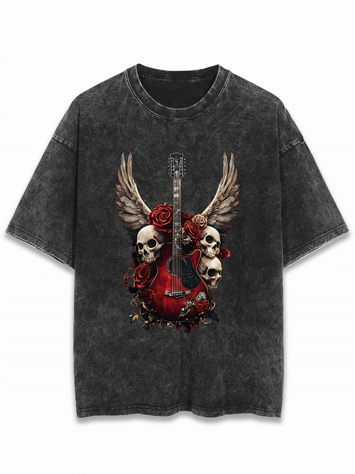 Men's Graphic T-Shirt Roses And Skull With Wings Centered Guitar