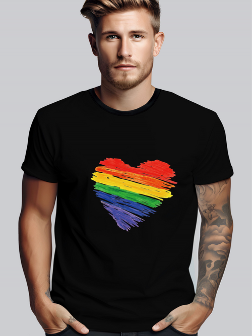 Men's Graphic T-Shirt Bold Colorful Brush Strokes Forming A Rainbow Heart Design