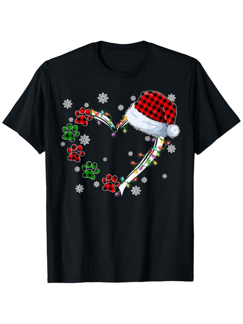 Men's Graphic T-Shirt Festive Candy Cane Heart With Paw Prints And Santa Hat Surrounded By Snowflakes