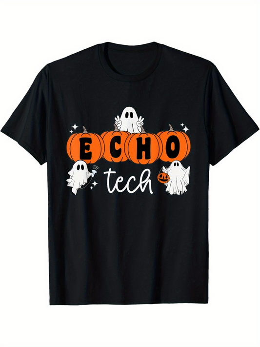 Men's Graphic T-Shirt Echo Tech With Halloween Pumpkins And Playful Ghosts Under Stars Shirt