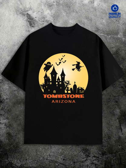 Men's Graphic T-Shirt Tombstone Arizona Spooky Castle Under Full Moon With Witch And Bats