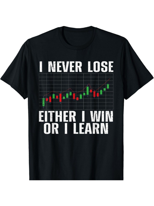 Men's Graphic T-Shirt I Never Lose Colorful Stock Chart With Rising Bars On Black Shirt