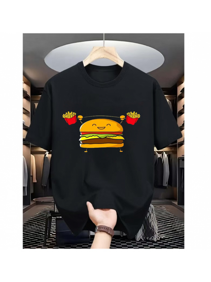 Men's Graphic T-Shirt Funny Smiling Face Burger With French Fries Surrounded By Cartoon Fast Food Hamburger