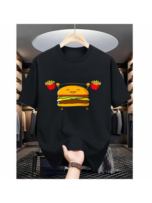 Men's Graphic T-Shirt Funny Smiling Face Burger With French Fries Surrounded By Cartoon Fast Food Hamburger