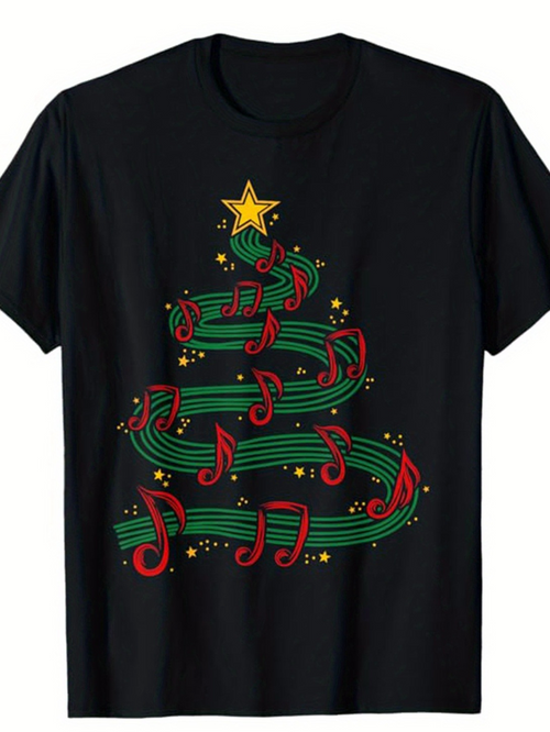Men's Graphic T-Shirt Whimsical Christmas Tree With Swirling Musical Notes Holiday Tree