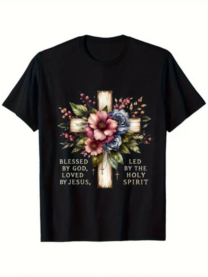 Men's Graphic T-Shirt Blessed By God Loved By Jesus Led By The Holy Spirit With Pastel Flowers On Wooden Cross