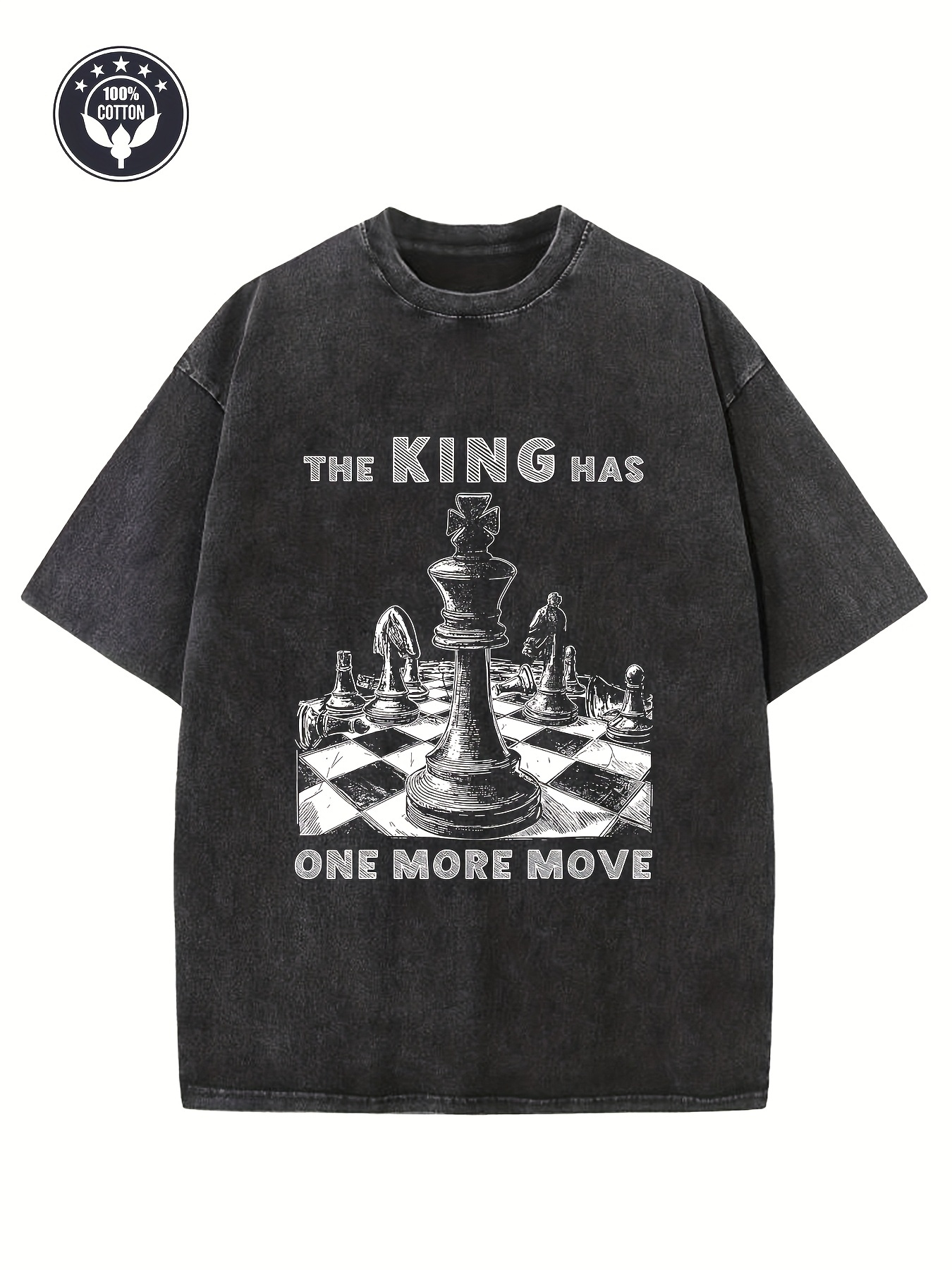Men's Graphic T-Shirt The King Has One More Move Chessboard With Oversized Monochrome Pieces On Black Tee