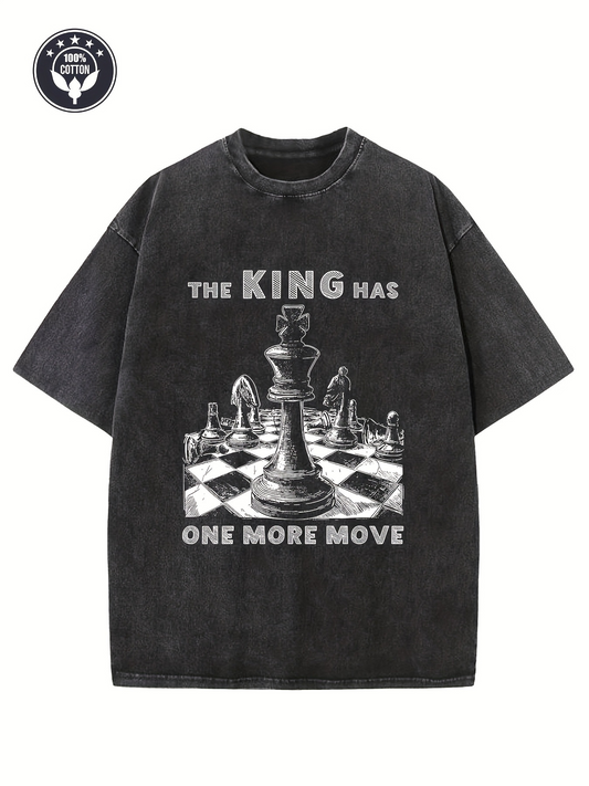Men's Graphic T-Shirt The King Has One More Move Chessboard With Oversized Monochrome Pieces On Black Tee
