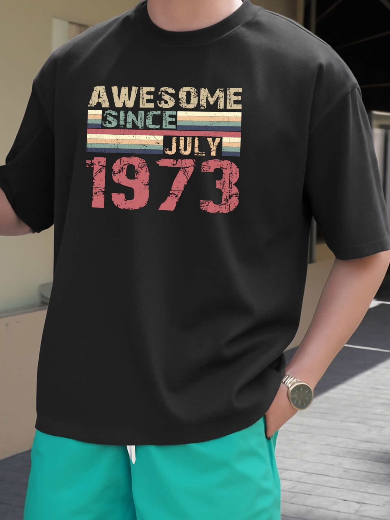 Men's Graphic T-Shirt Awesome Since July Vintage Numbers With Retro Stripes Black T Shirt
