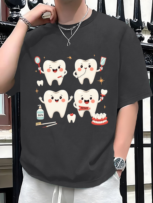 Men's Graphic T-Shirt Smiling Teeth Cleaning Tools With Happy Cartoon Tooth