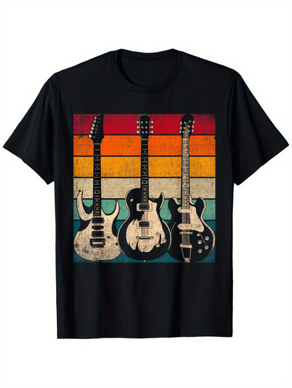 Men's Graphic T-Shirt Retro Striped Sunset Vintage Three Guitars Standing Side By Side