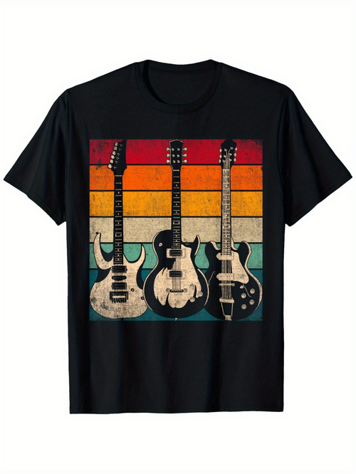 Men's Graphic T-Shirt Retro Striped Sunset Vintage Three Guitars Standing Side By Side