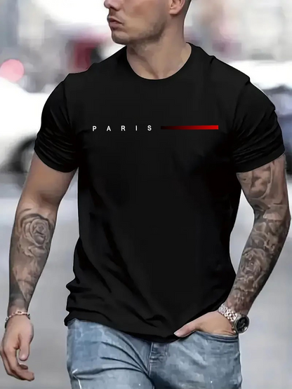 Men's Graphic T-Shirt Paris Minimalist Lettering With Horizontal Red Stripe Paris