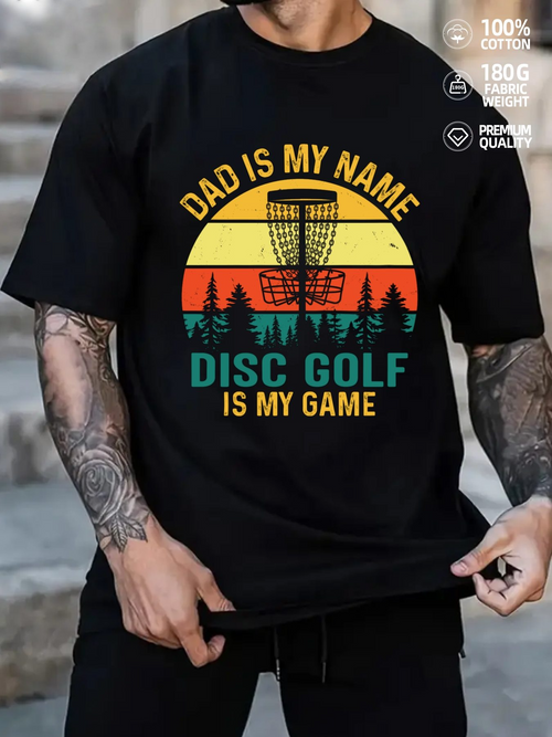 Men's Graphic T-Shirt Dad Is My Name Retro Forest At Sunset Disc Golf Basket