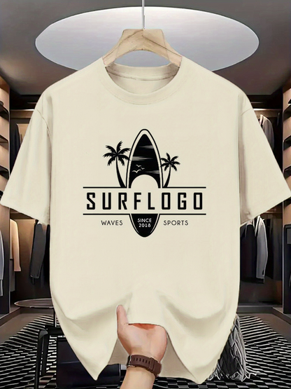 Men's Graphic T-Shirt Surflogo Palm Trees With Waves Under Silhouette Surfboard