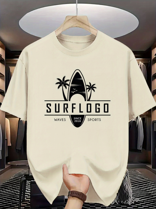 Men's Graphic T-Shirt Surflogo Palm Trees With Waves Under Silhouette Surfboard