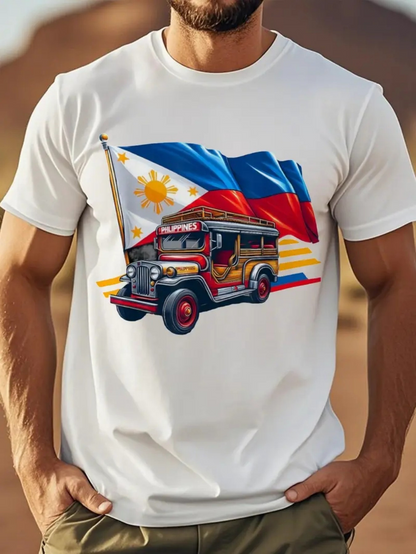Men's Graphic T-Shirt Sunshine Road Adventure With Jeepney And Waving Philippines Flags Vehicle