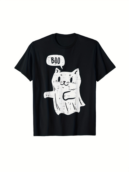 Men's Graphic T-Shirt Boo Playful Ghost Cat Under Spooky Halloween Night